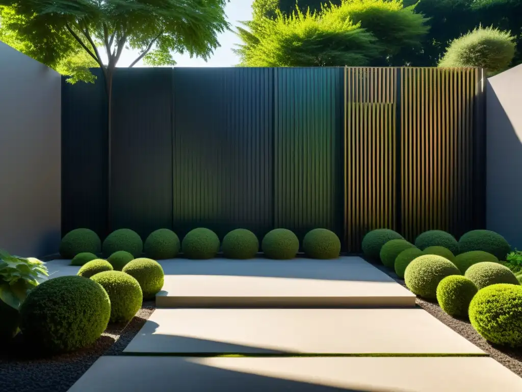 Un jardín minimalista, con estructura vertical y exuberante vegetación, que crea un juego de luces y sombras en armonía según el Feng Shui