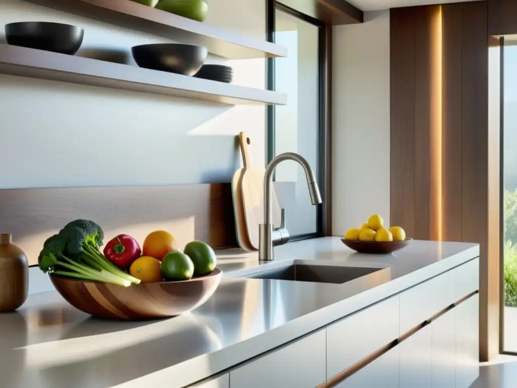 Feng Shui cocina armonía alimentación: Cocina minimalista con frutas frescas en tazón de madera, luz matutina cálida y ambiente equilibrado