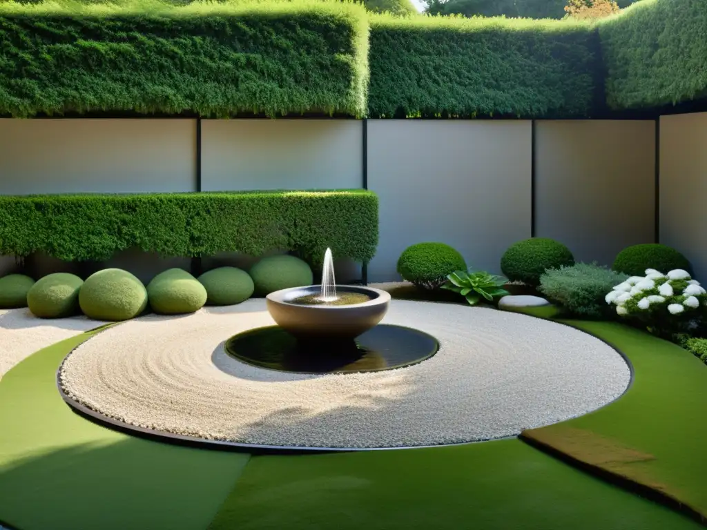 Un jardín Zen minimalista con una fuente de agua en Feng Shui, rodeada de grava perfectamente rastrillada y paisaje tranquilo