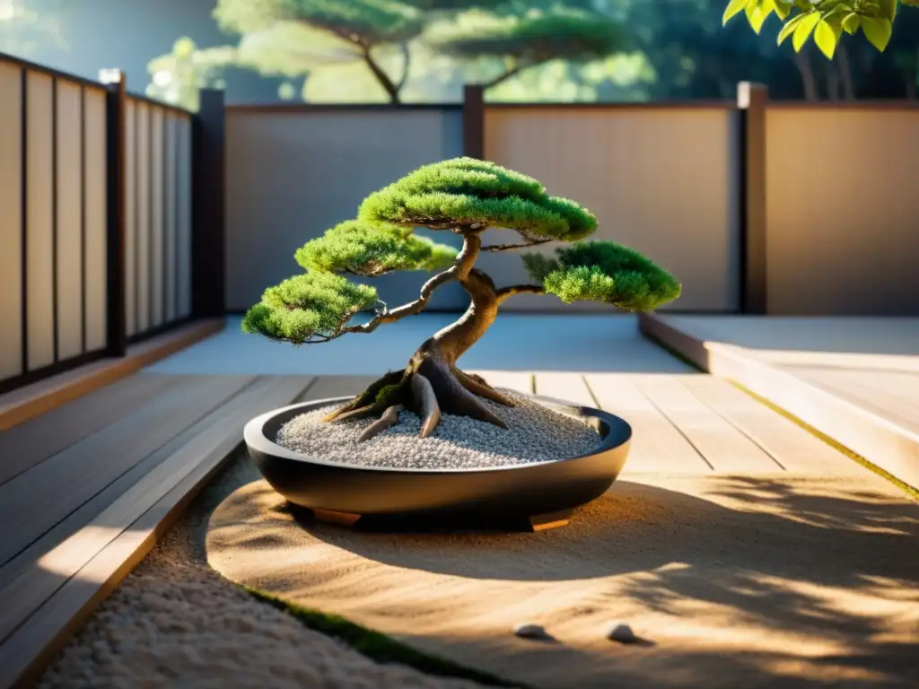 Un jardín zen minimalista con grava cuidadosamente rastrillada, rocas bien ubicadas, un bonsái podado y una valla de madera