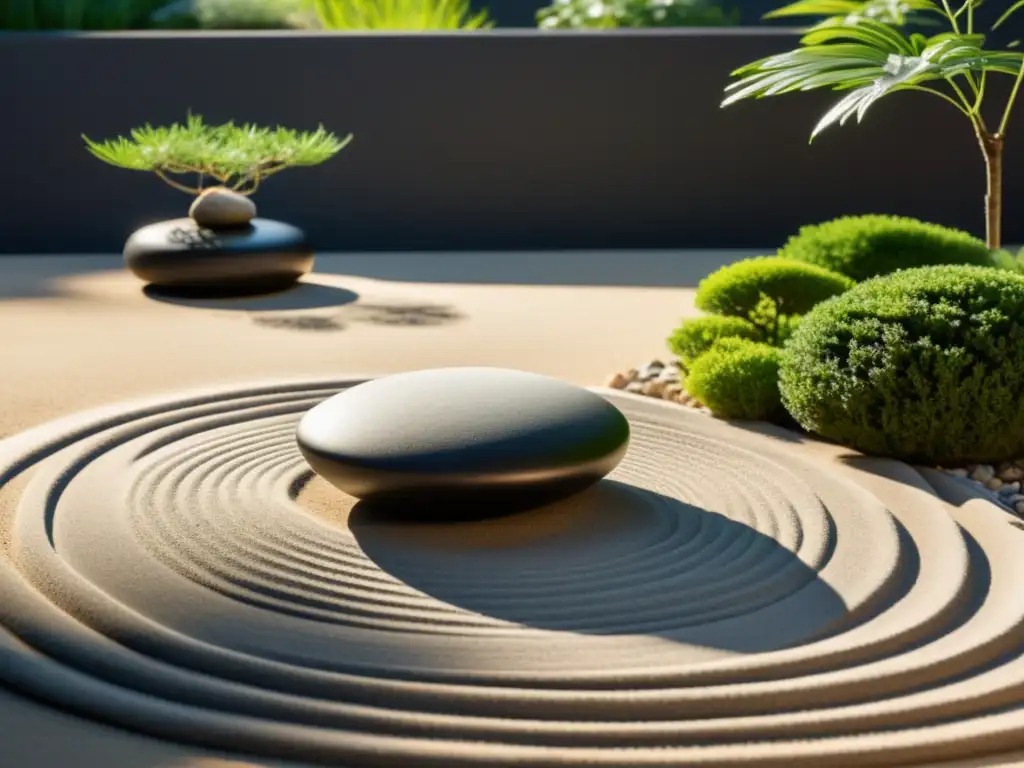 Un jardín zen minimalista con grava cuidadosamente rastrillada, rocas perfectamente colocadas y plantas elegantes en una composición armoniosa