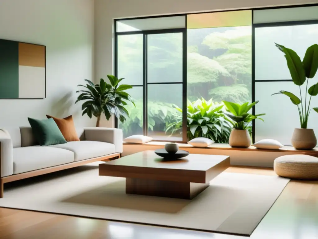 Salón minimalista zen con organización del hogar con Feng Shui y decoración armoniosa en tonos neutros