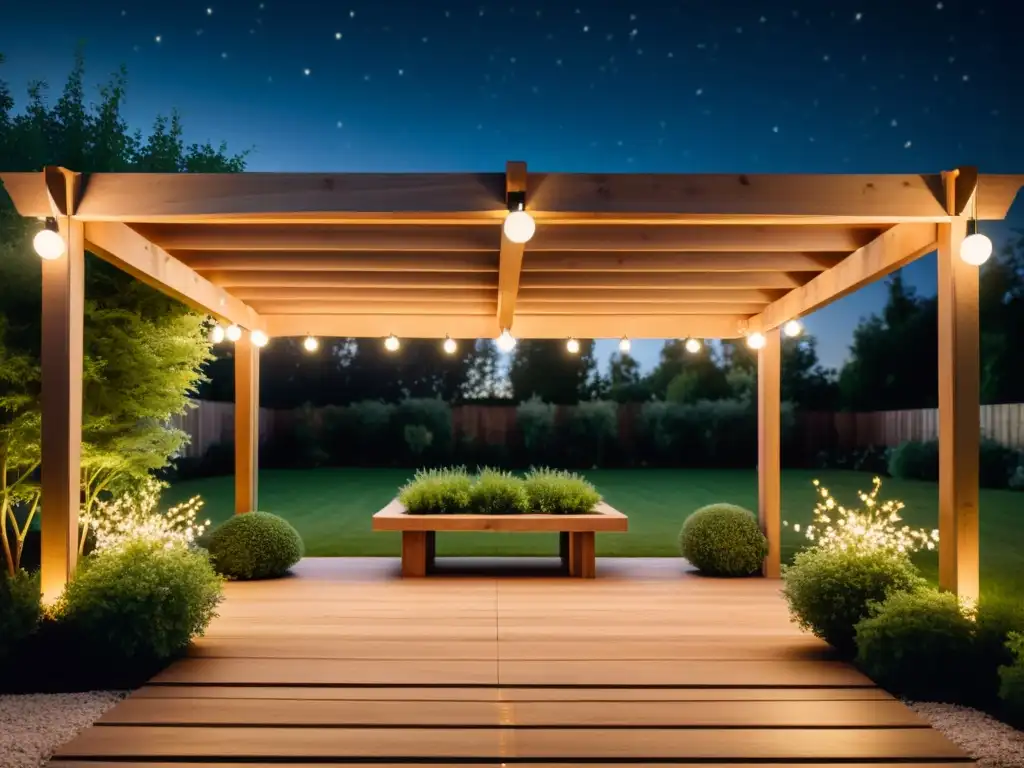 Un jardín minimalista iluminado por suaves luces armoniosas, creando una atmósfera tranquila y relajante