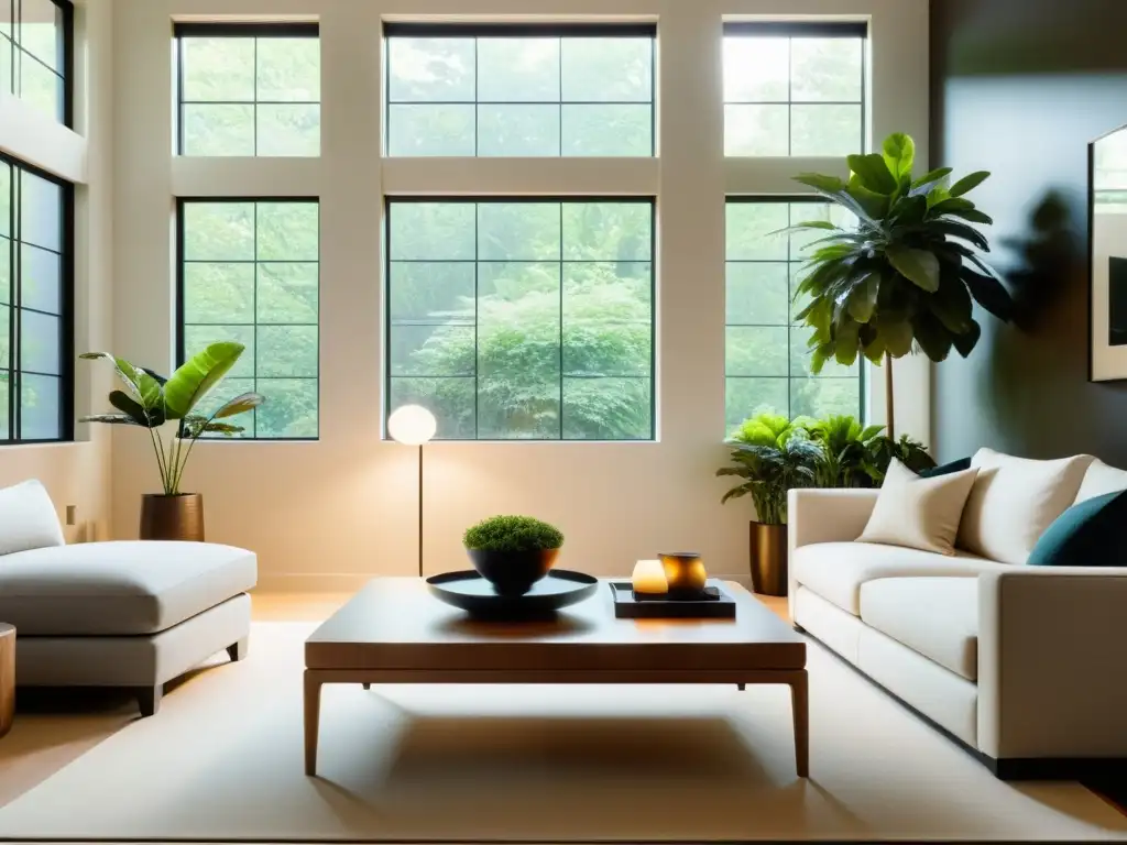 Transformación habitacional con Feng Shui: Salón minimalista inundado de luz natural y armonía serena