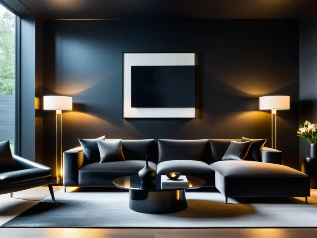 Salón minimalista de lujo en negro: elegancia y sofisticación Salón minimalista lujoso en negro, con iluminación cálida que crea una atmósfera sofisticada y elegante