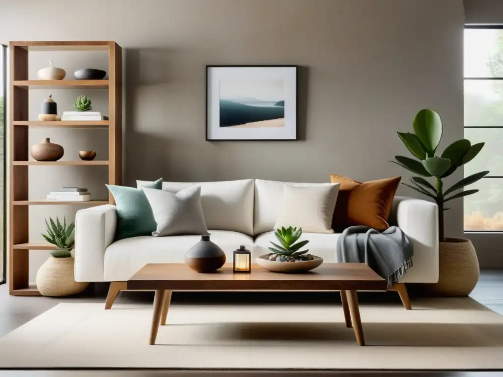 Decoración reciclaje elementos feng shui: Sala minimalista con muebles de madera y paleta de colores cálidos, iluminada por luz natural