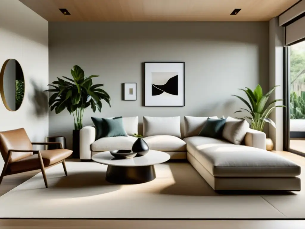 Salón minimalista occidental con elementos de Feng Shui: plantas, luz natural y armonía