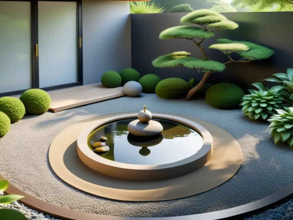 Un jardín zen minimalista con una pequeña fuente de agua en el centro, rodeada de grava rastrillada y rocas estratégicamente ubicadas