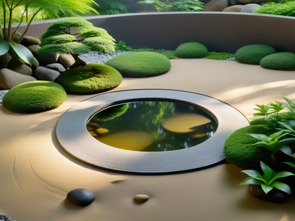 Un jardín zen minimalista con un pequeño estanque tranquilo en el centro