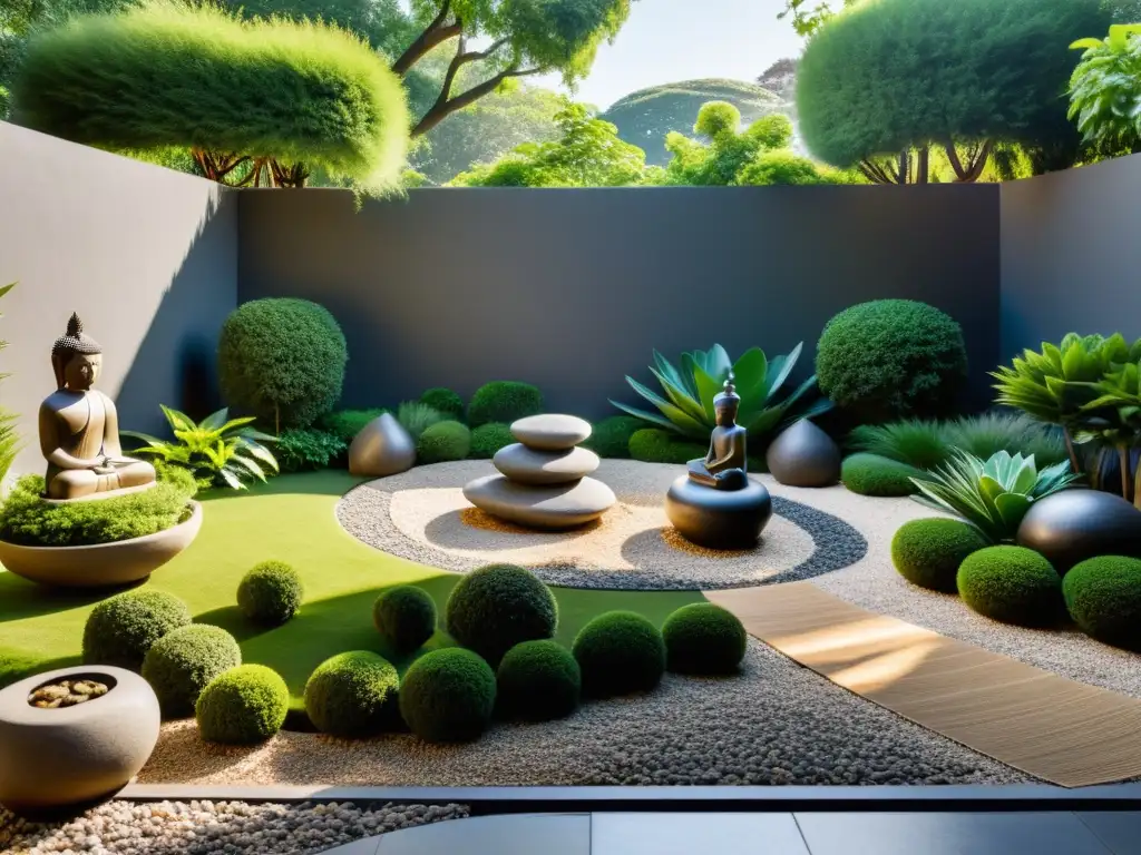 Un jardín zen con diseño minimalista rodeado de exuberante vegetación y estatuas de animales en armonía con el Feng Shui plantas y animales