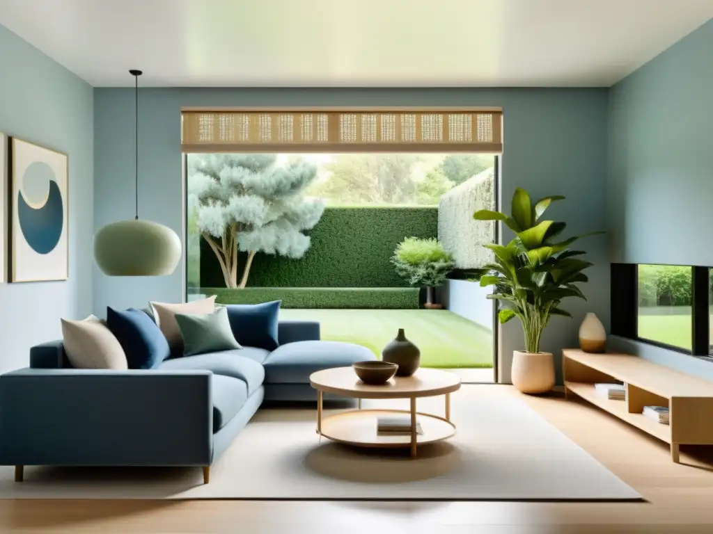 Minimalista sala de estar con paletas de colores Feng Shui, ventana grande y vista serena al jardín, muebles modernos y armonía natural