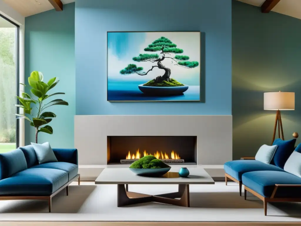 Minimalista sala de estar con pintura abstracta y ambiente sereno para armonía hogar con Pinturas Feng Shui