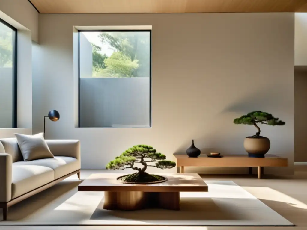 Decoración minimalista con armonización Feng Shui en una sala serena y despejada, iluminada por luz natural suave