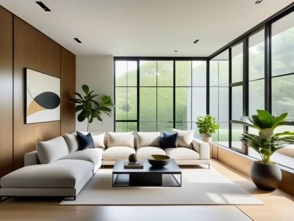 Diseño minimalista feng shui hogar: Sala tranquila con líneas limpias, colores neutros y elementos decorativos seleccionados