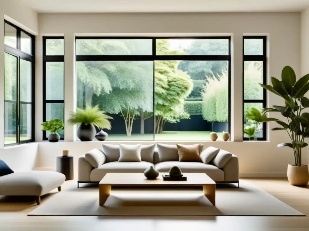 Decoración minimalista con armonización Feng Shui: sala serena con ventana abierta hacia jardín tranquilo, muebles limpios en tonos neutros y plantas