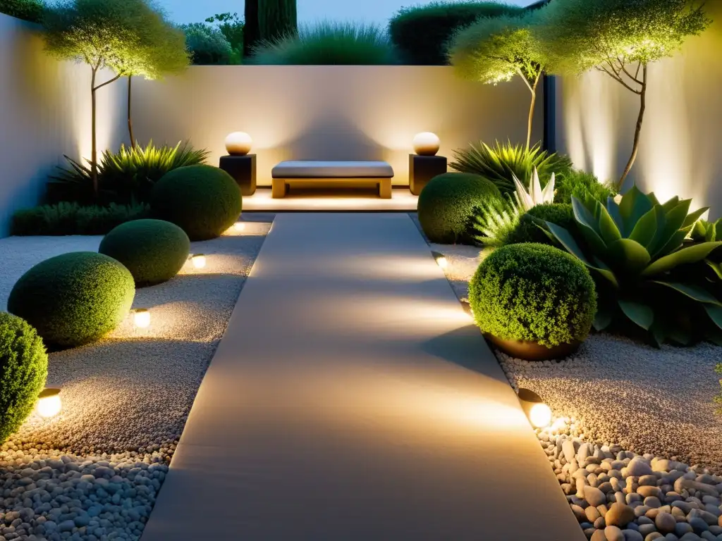 Jardín minimalista iluminado: armonía y serenidad Un jardín minimalista sereno iluminado con luz exterior, resaltando texturas y creando armonía