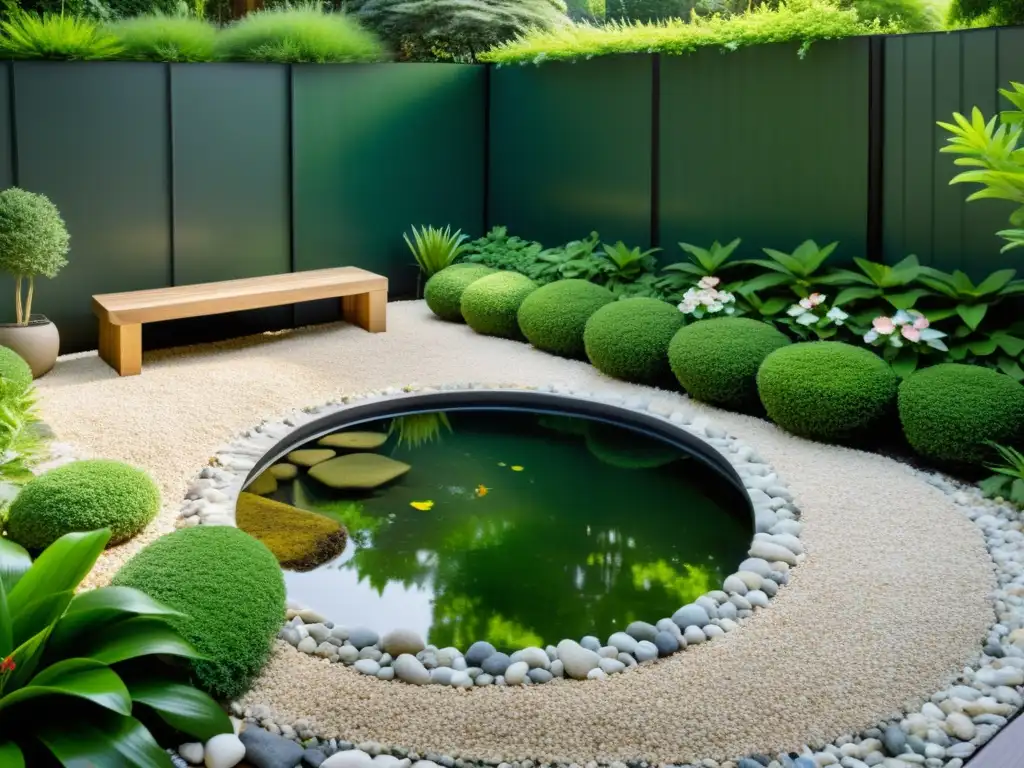 Un jardín minimalista sereno con un pequeño estanque reflejando el verdor circundante