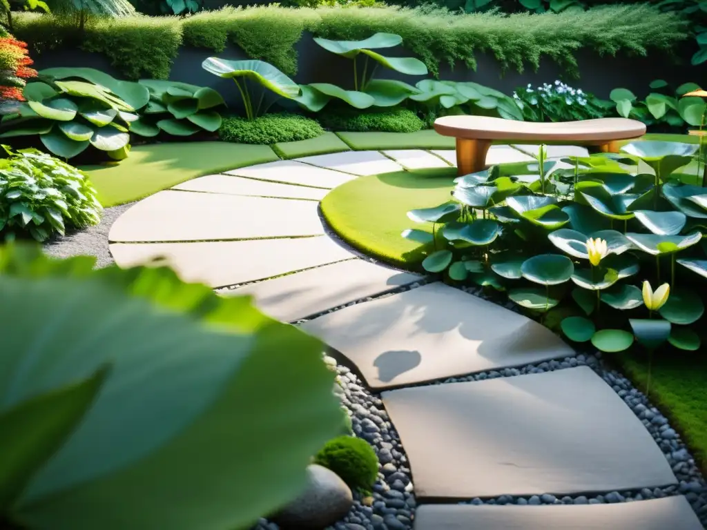 Un jardín minimalista y sereno con rocas, estanque, sendero curvo y banco de madera