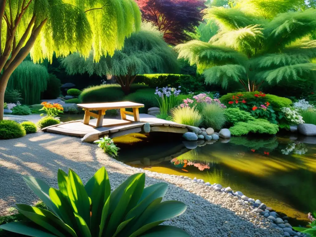 Un jardín minimalista y sereno con rocas, un puente sobre un estanque, flores vibrantes y mariposas