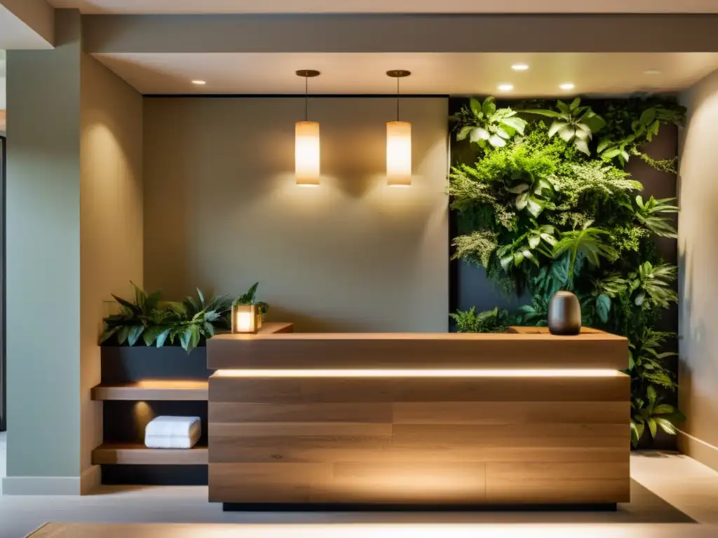 Recepción de Spa Serena y Minimalista | Diseño Feng Shui Diseño de recepción spa Feng Shui: Recepción minimalista de spa con ambiente sereno, líneas limpias y cálida iluminación