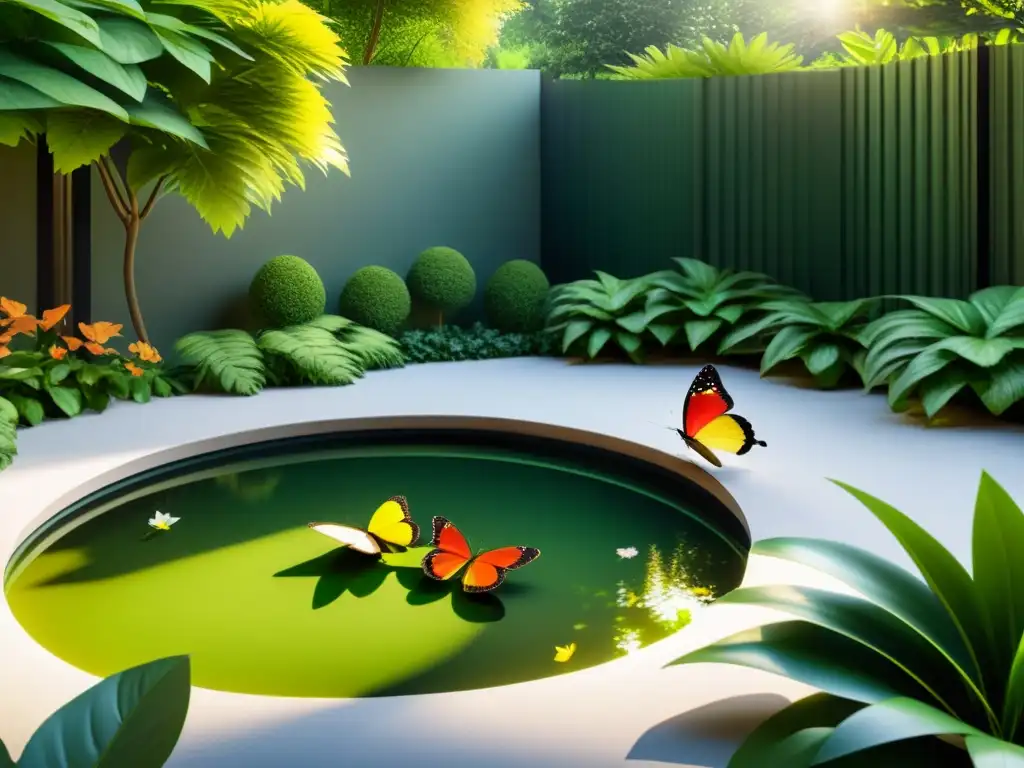 Un jardín minimalista y tranquilo con un estanque, mariposas y una atmósfera serena, perfecto para el Feng Shui diseño hogar símbolos