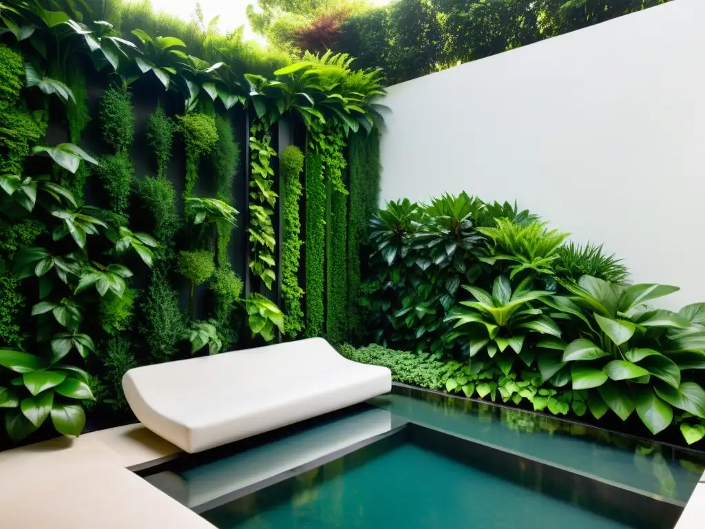 Un jardín minimalista con diseño de jardines verticales Feng Shui: exuberante vegetación, agua en cascada y luz filtrándose entre las hojas