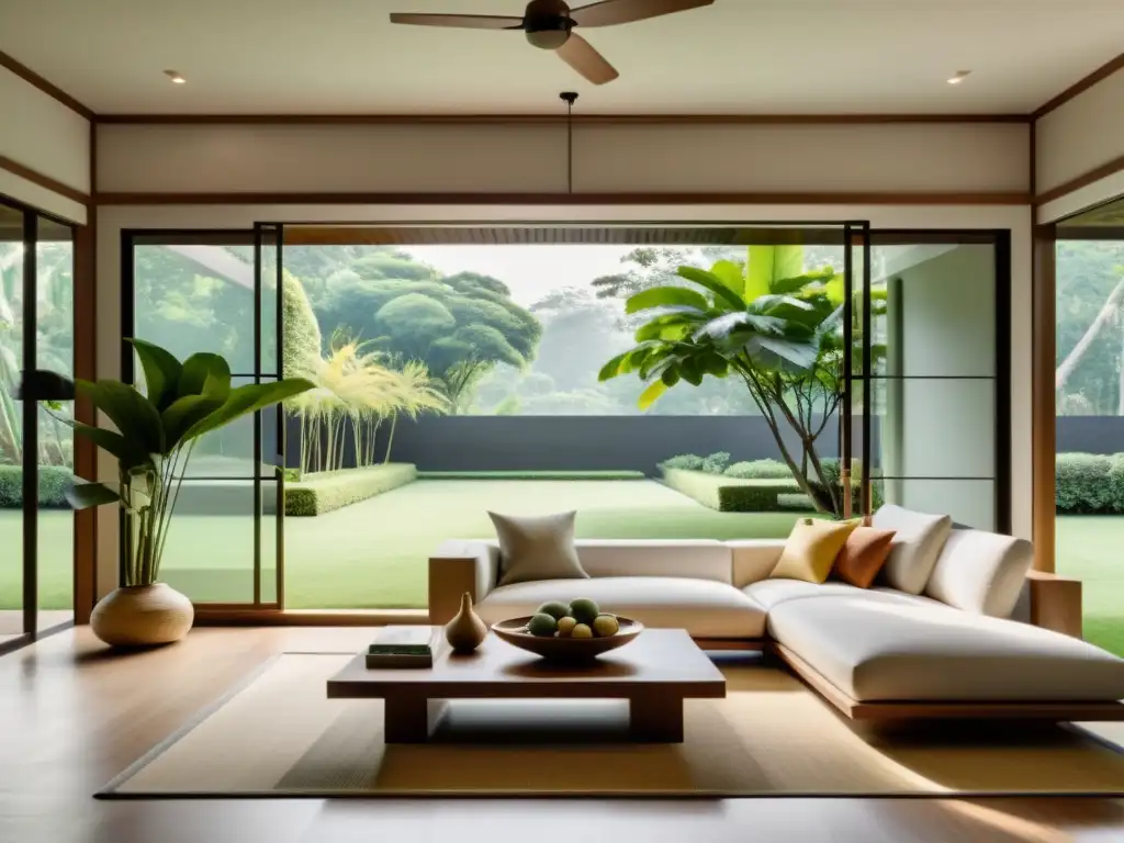 Diseño hogar feng shui Vietnam: Sala minimalista con vista a jardín vietnamita, equilibrio y tranquilidad