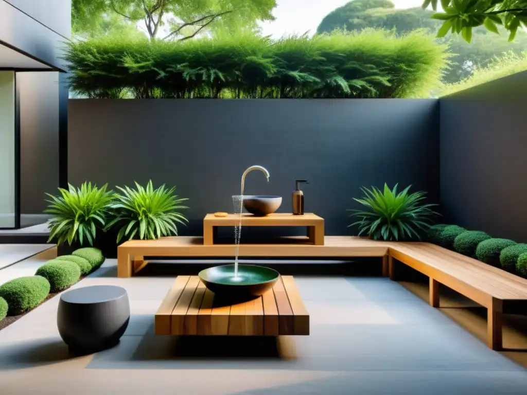 Mobiliario de jardín según Feng Shui: Patio minimalista con arreglos de madera y vegetación fresca, iluminado por luz suave y natural