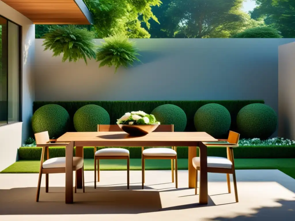 Mobiliario de jardín según Feng Shui: Patio minimalista con mesa y sillas de madera, rodeado de vegetación exuberante y luz suave