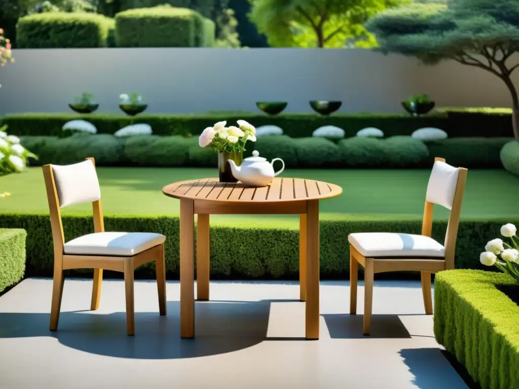 Mobiliario de jardín según Feng Shui: Armonía y serenidad en un jardín minimalista con mesa de madera, sillas y elegante juego de té