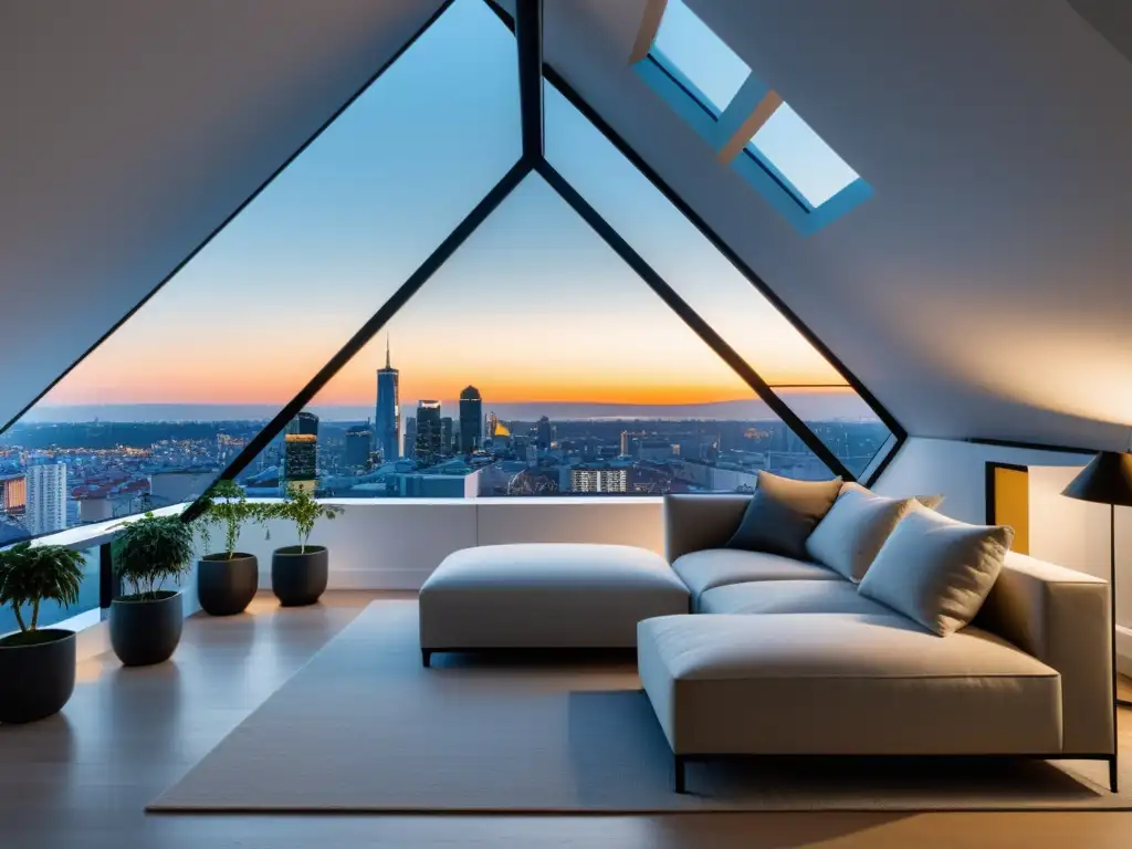 Un moderno ático con vista a la ciudad al atardecer, con diseño minimalista y elementos de feng shui para áticos y apartamentos