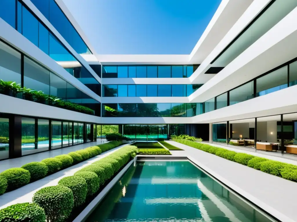 Un moderno centro comercial con arquitectura Feng Shui, rodeado de jardines y agua, irradia armonía y equilibrio