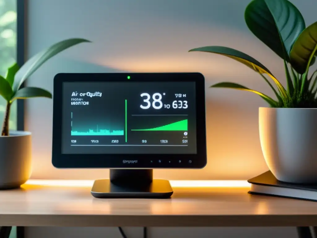 Un moderno monitor de calidad del aire Feng Shui con pantalla negra y luz ambiental, sobre un escritorio limpio con planta de interior al fondo