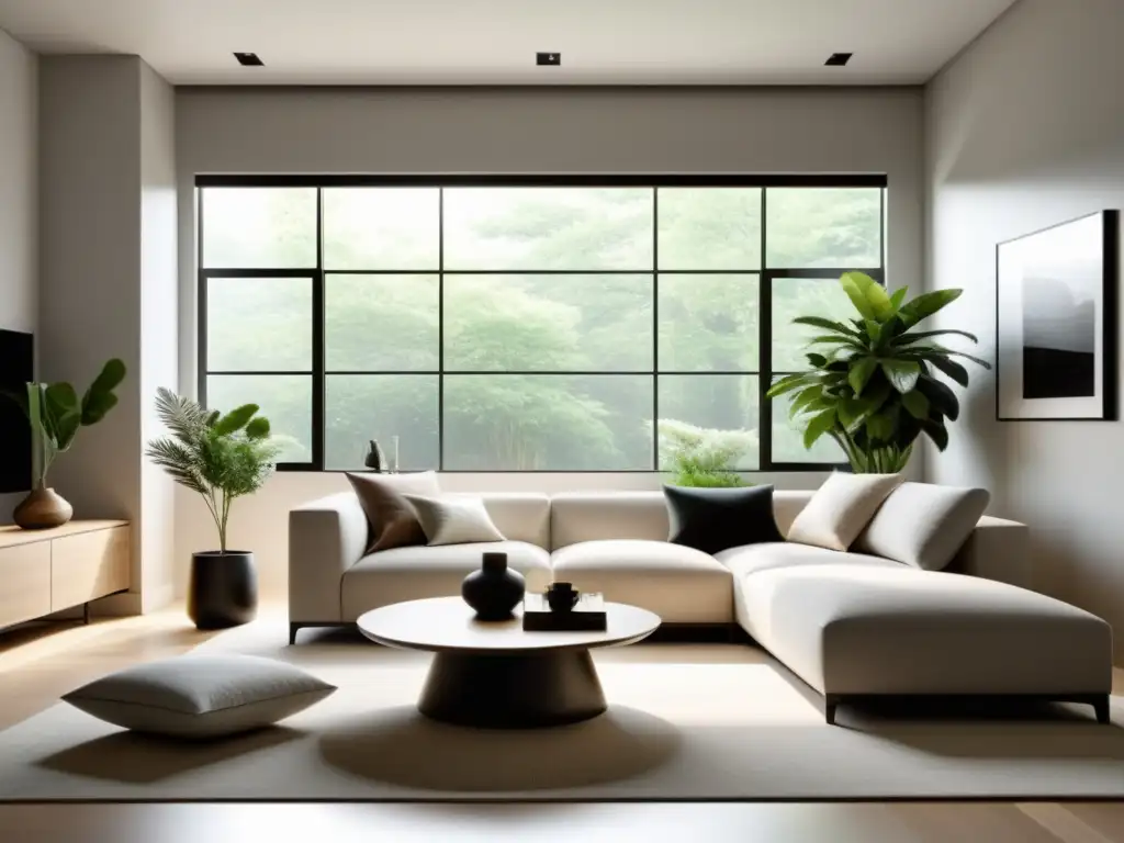 Feng Shui moderno para armonía: Sala de estar minimalista con muebles modernos y toques de naturaleza, creando un ambiente sereno y equilibrado