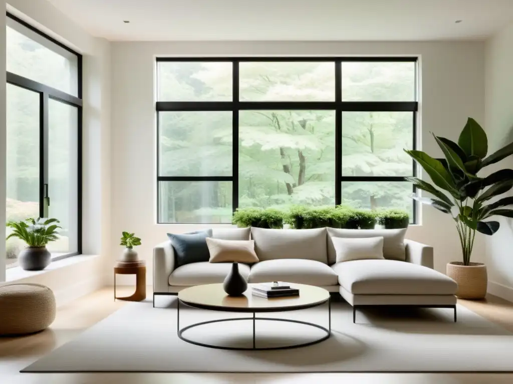 Feng Shui moderno para decoración: Sala de estar minimalista y serena con tonos neutros y líneas limpias, inundada de luz natural y armonía