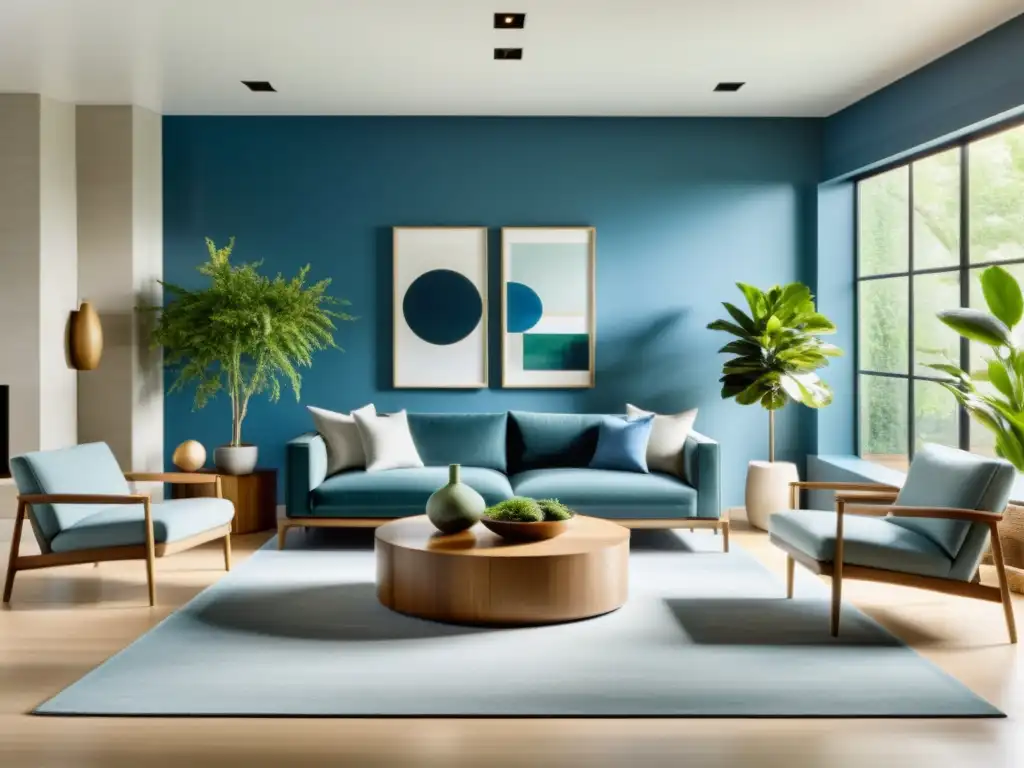 Un moderno salón con diseño Feng Shui, muebles cuidadosamente colocados y una paleta de colores neutros con toques de azules y verdes calmantes