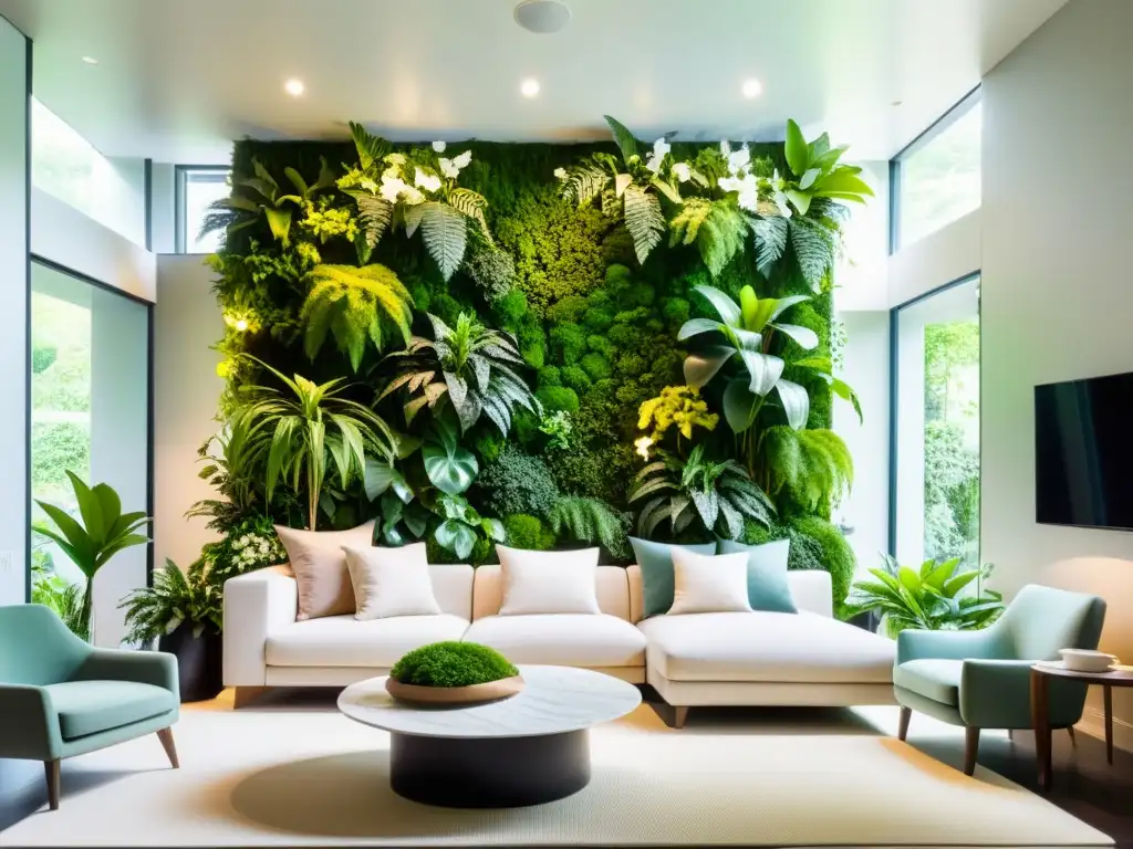 Un moderno salón con jardín vertical, iluminación suave y diseño feng shui para jardines verticales