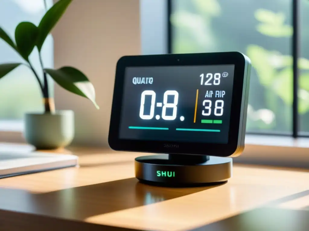 Un monitor de calidad del aire Feng Shui, elegante y minimalista en un escritorio limpio, con una suave luz de fondo y lecturas nítidas