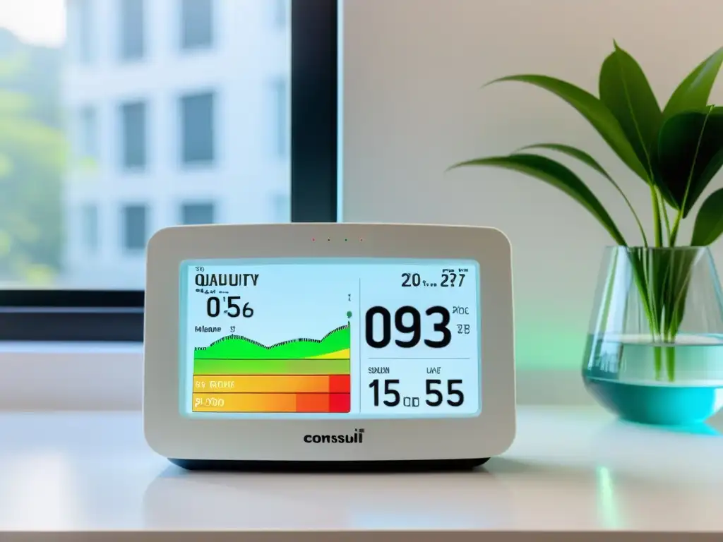 Un monitor de calidad del aire Feng Shui en un espacio luminoso y sereno