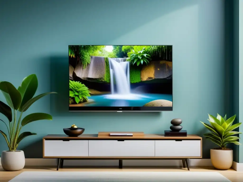 Smart TV montada en pared con elementos de feng shui como fuente de agua y plantas