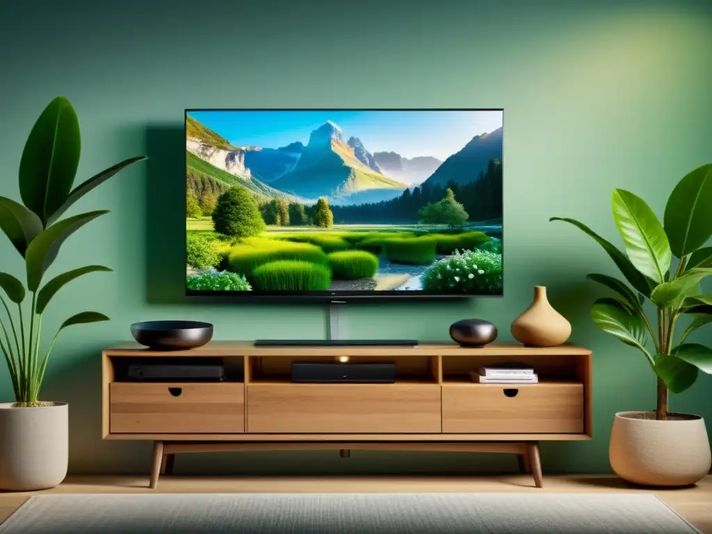 Un Smart TV montado en la pared con diseño minimalista, rodeado de plantas y luz suave