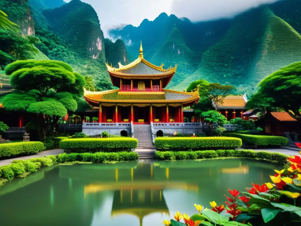 Diseño hogar feng shui Vietnam: Templo ornamental en montañas verdes, con estanque reflejando su arquitectura roja y dorada, rodeado de árboles antiguos y flores coloridas