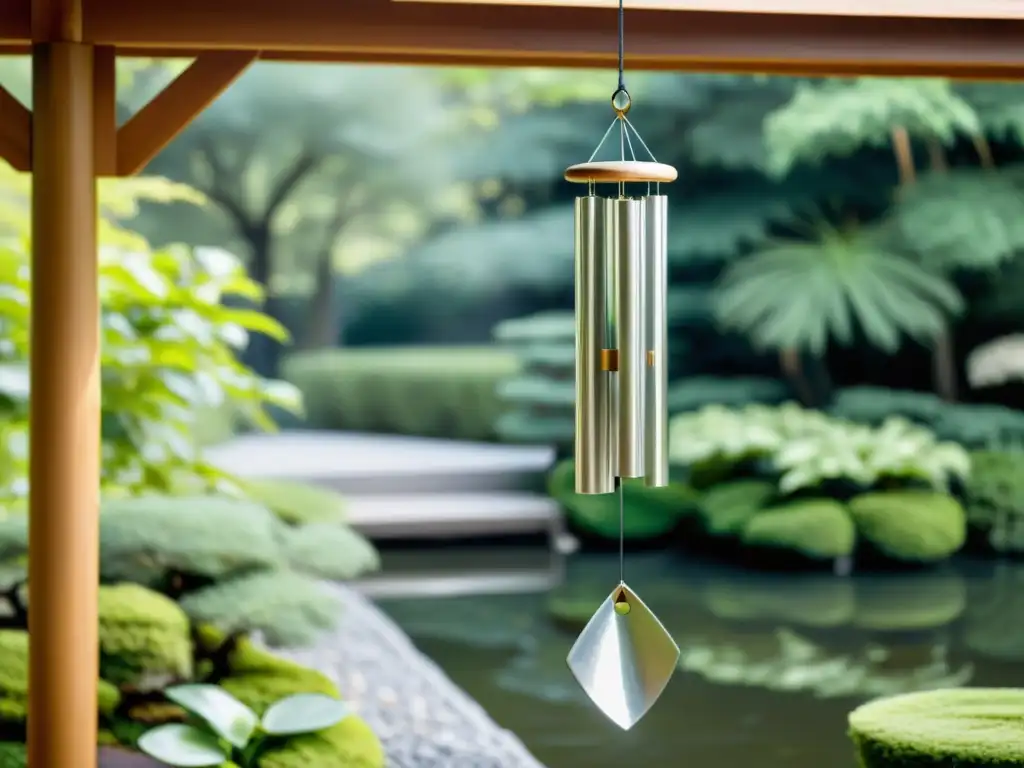 Un móvil de viento Feng Shui cuelga en un jardín japonés sereno, creando armonía con su suave melodía y diseño minimalista