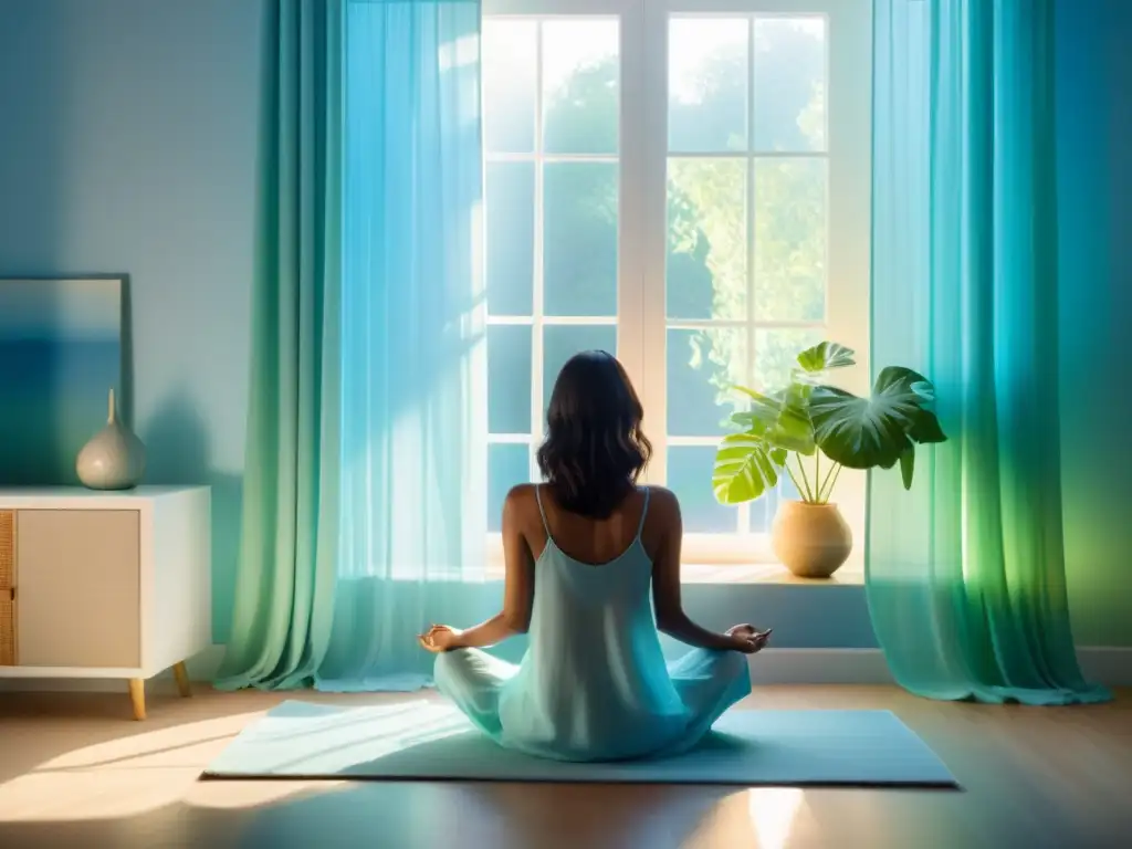 Una mujer en armonía con la Psicología del Feng Shui colores, sentada en un espacio tranquilo y sereno, rodeada de decoración en tonos calmantes