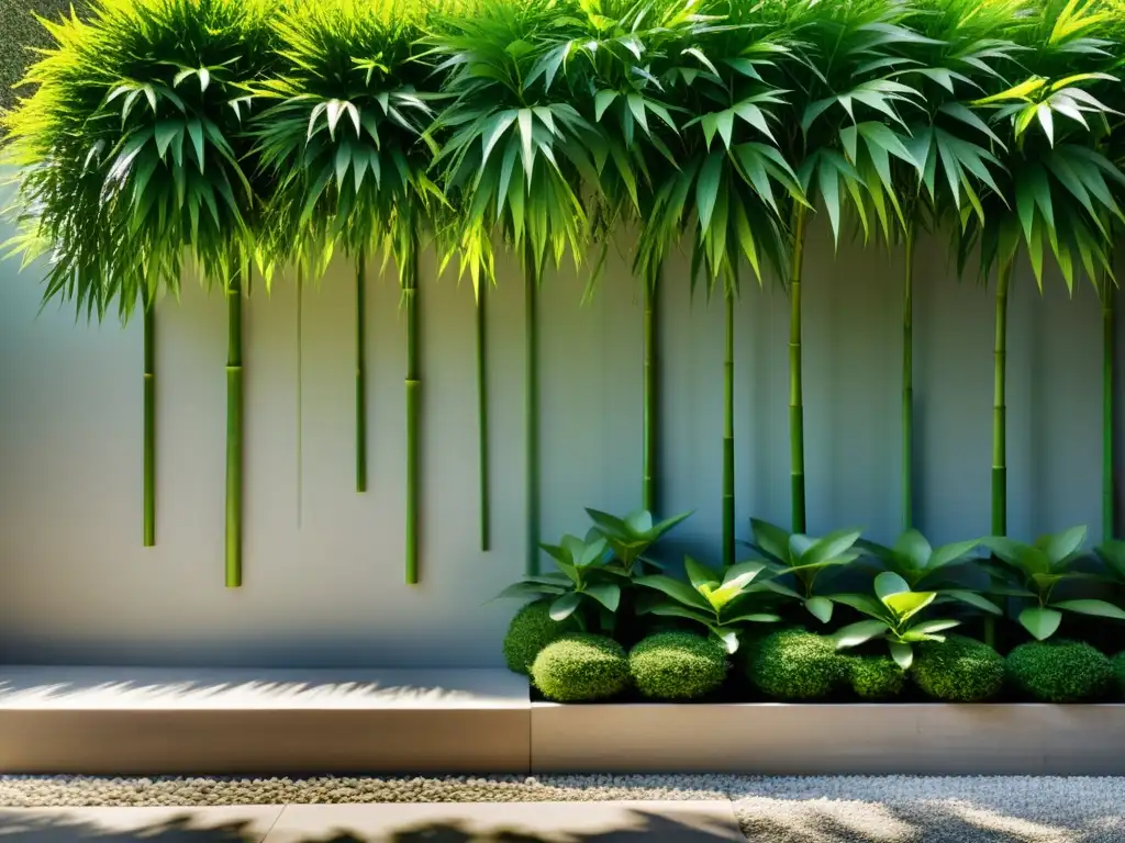 Un muro de jardín sereno y minimalista con plantas de bambú arrojando sombras delicadas en la suave superficie de piedra