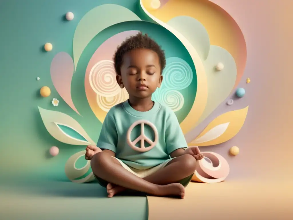 Niño en meditación para niños en familia, rodeado de colores suaves y símbolos de paz, en una ilustración serena y tranquila