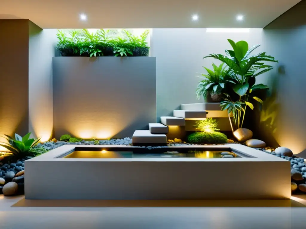 Un oasis de paz en un jardín interno Feng Shui, con vegetación exuberante, iluminación suave y una cascada tranquila