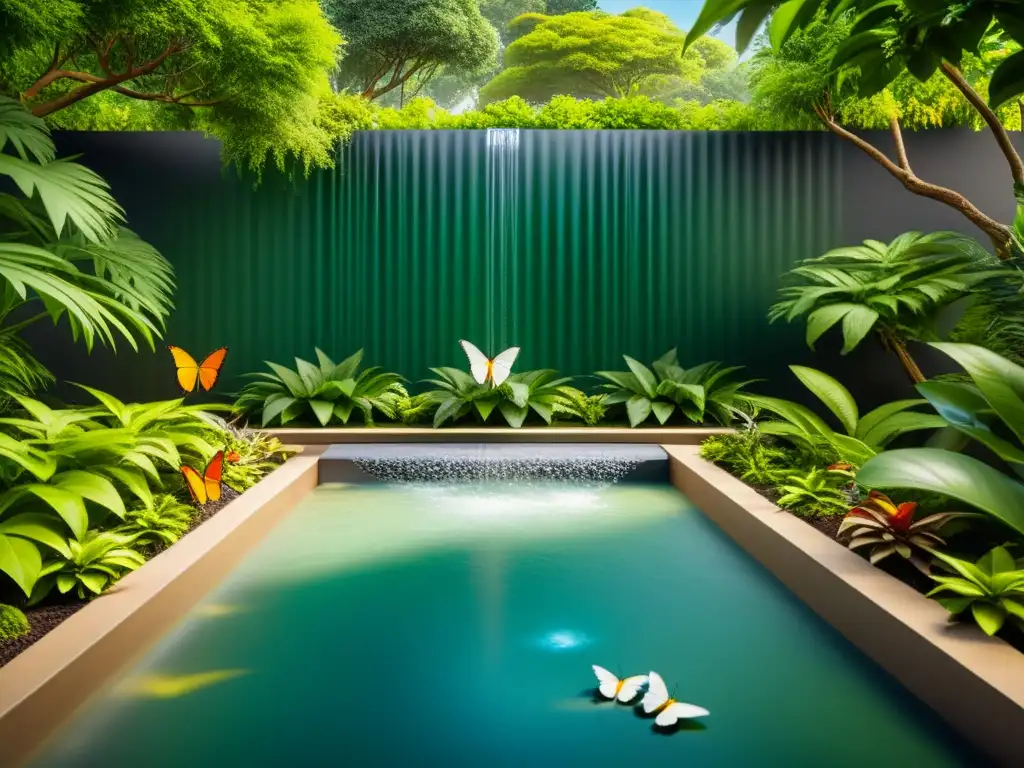 Un oasis de serenidad con aves y mariposas en un jardín Feng Shui