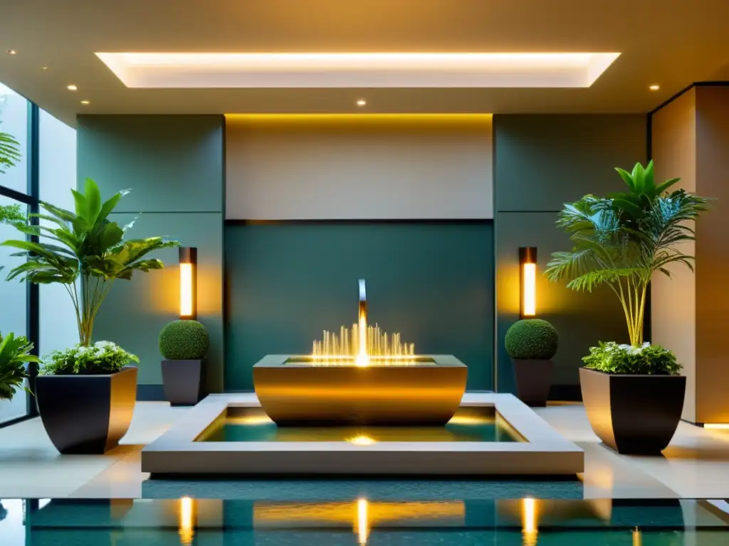 Un oasis de serenidad en el lobby del hotel spa, con el foco en una fuente ornamental