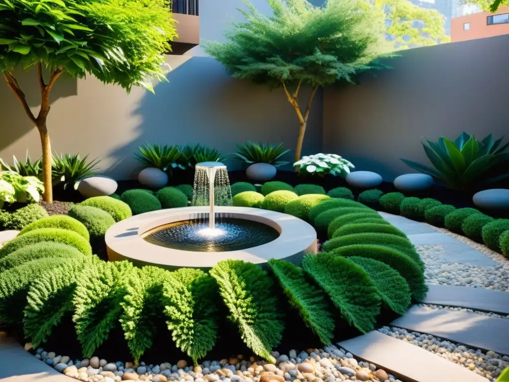 Un oasis de serenidad natural en un jardín urbano armonioso, ilustrando el concepto de Feng Shui para jardines urbanos